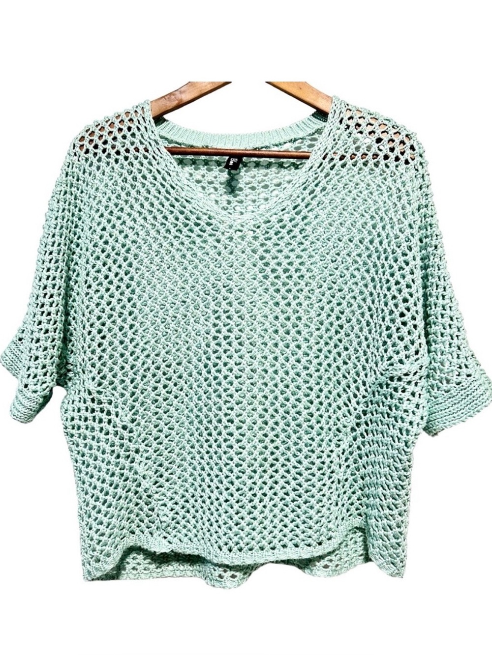 NEWS FOSCHINI Mint Open Weave Crochet Knit Top Sheer Layering Large